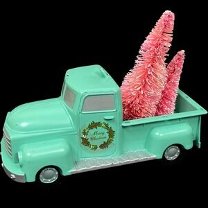Teal Aqua Vintage Style Truck Hauling Pink Christmas Tree Ornament Retro Kitschy